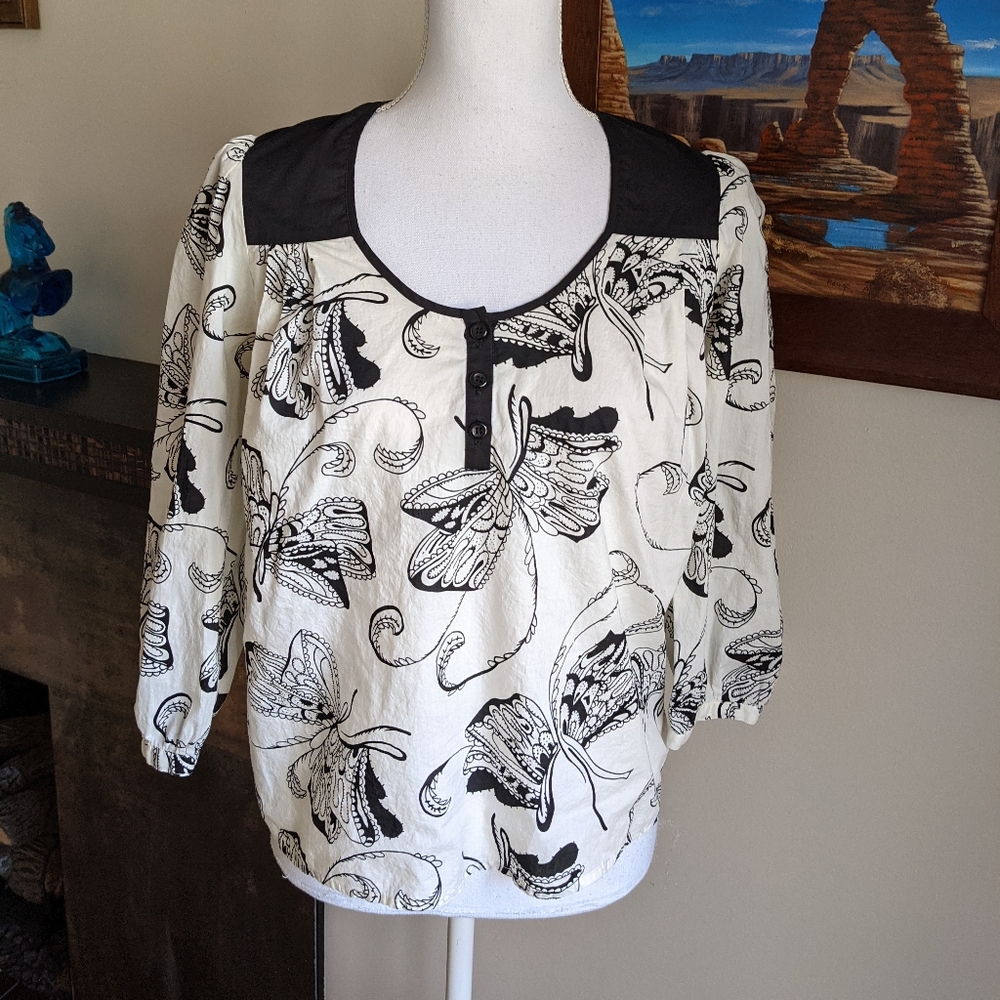 Girls From Savoy Anthropologie Women's 0 Butterfly? Floral Blouse 3/4 Sleeve 121